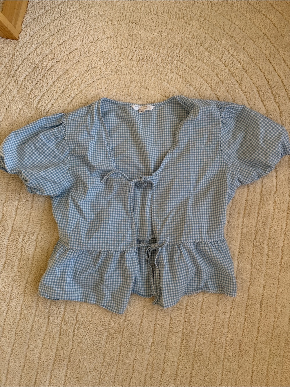 Light Blue Gingham Tie-Front Peplum Top